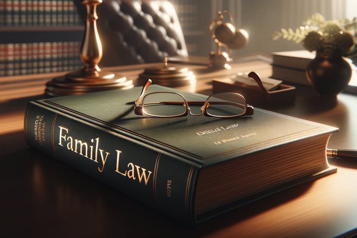 family law book, sitting on desk with light shining down