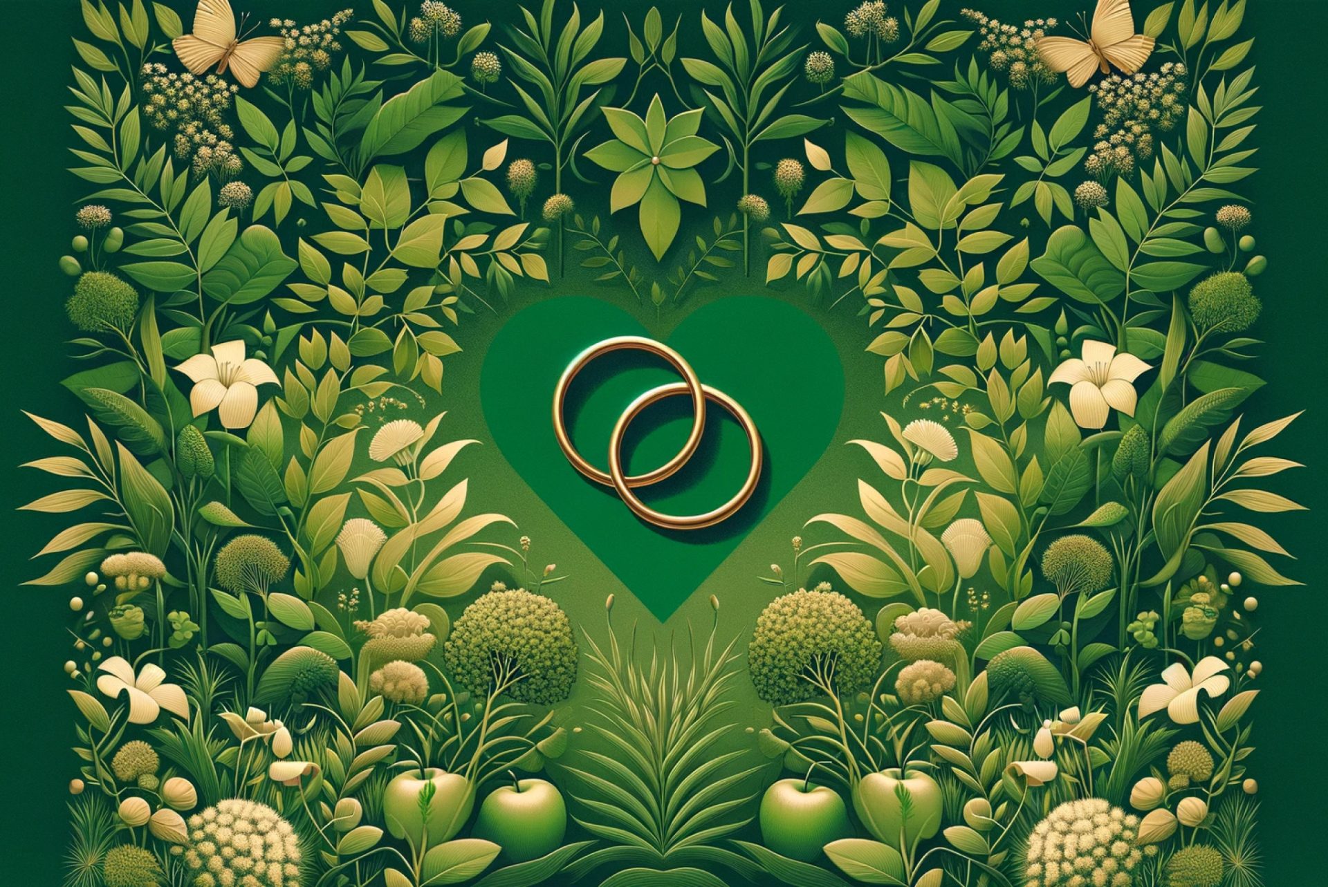 Stylised illustration of interlocked gold wedding rings surrounded by symmetrical, intricate arrangement of green foliage and fruits, evoking love, unity and natural beauty .